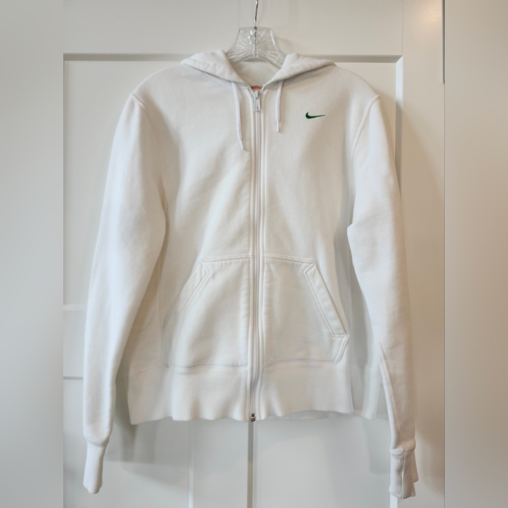 Vintage Nike Women's White Full-Zip Hoodie With Green Swish.